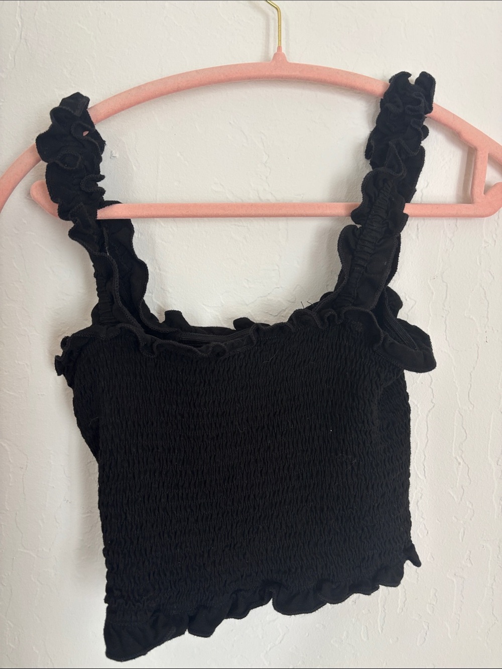 Black Ruffled Smocked Crop Tank Top - Unbranded